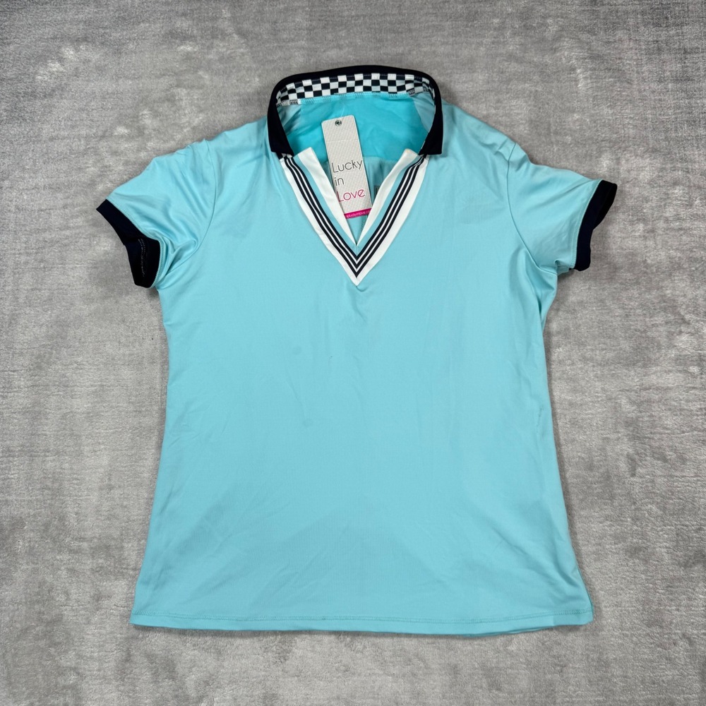 Lucky in Love Shirt Womens Small Blue V-Neck Athletic Top Checkered Tennis Golf